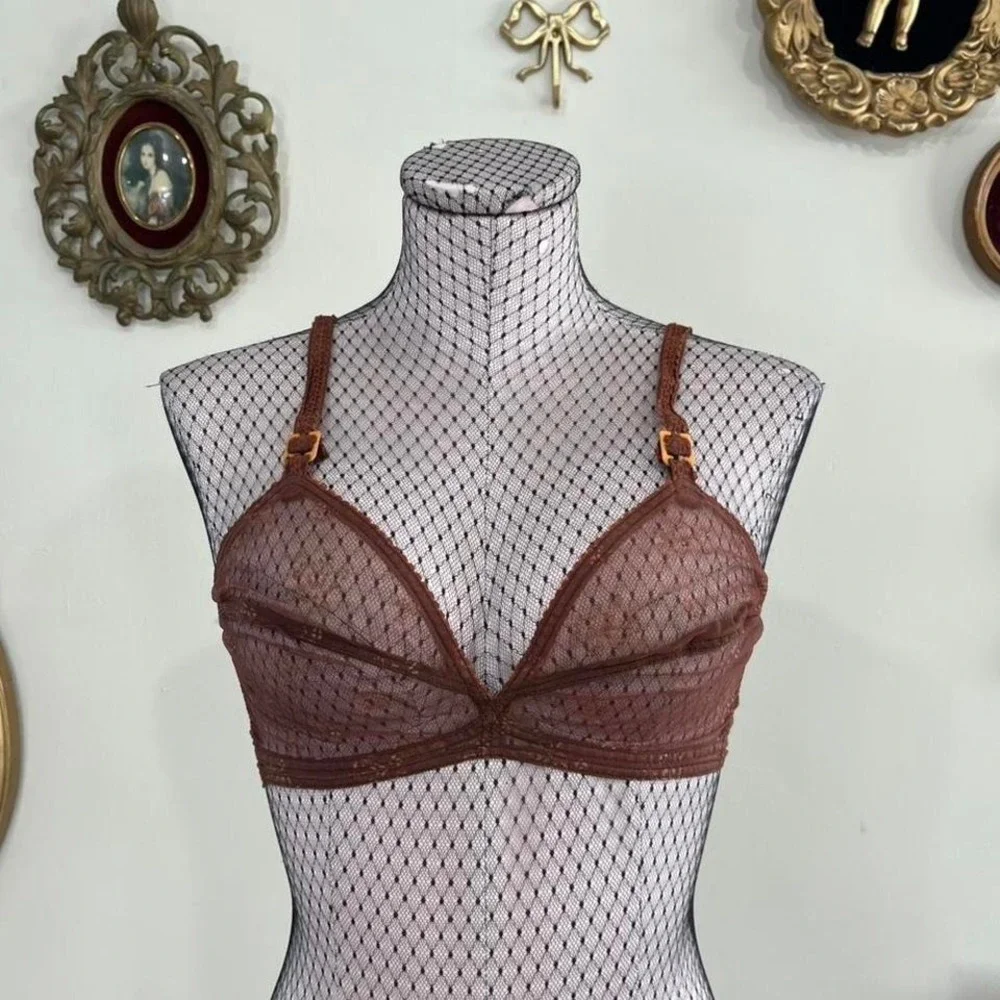 Vintage Brown Sheer Lace Underwire Bra – Size 34C